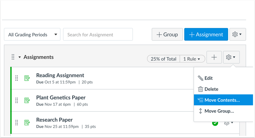 New Move Contents option for the assignment group Settings menu