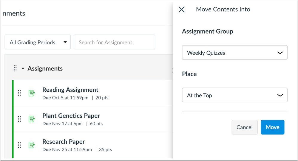 Move Content option with drop-down placement menus Move Content option with drop-down placement menus