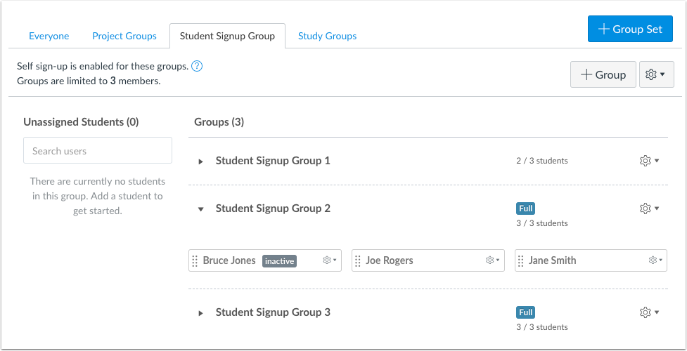 Instructor view of groups and inactive status for students Instructor view of groups and inactive status for students