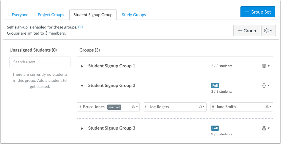 Instructor view of groups and inactive status for students