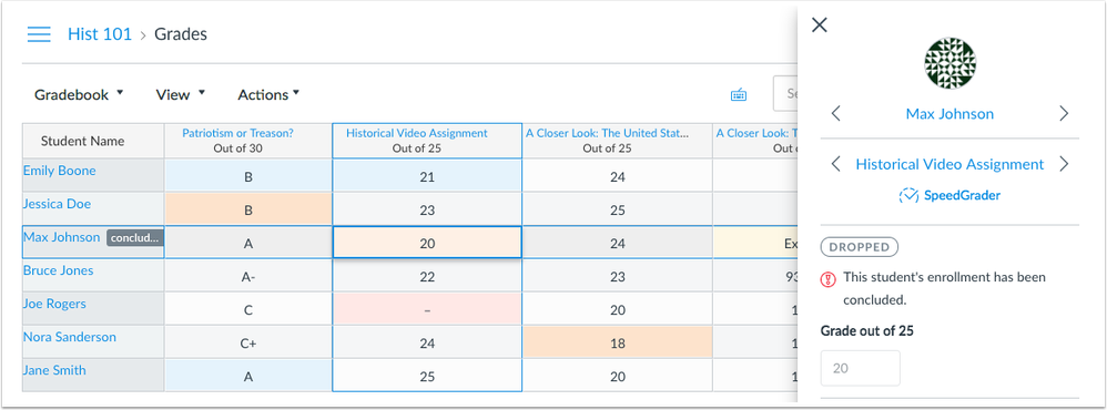 New Gradebook showing grade detail tray notice for concluded enrollment New Gradebook showing grade detail tray notice for concluded enrollment