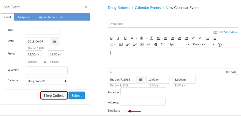 Calendar events can be duplicated from the More Options page