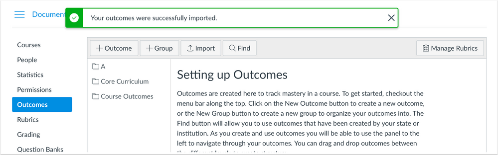 Successful imports display in the Outcomes page