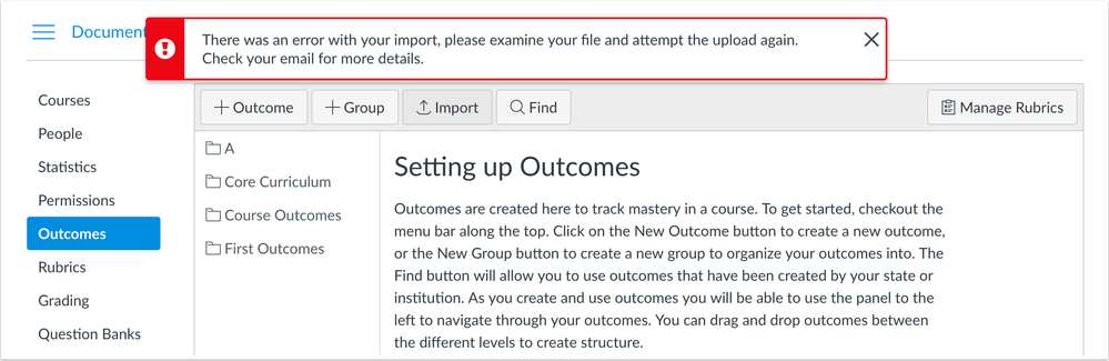 Import errors display in the Outcomes page