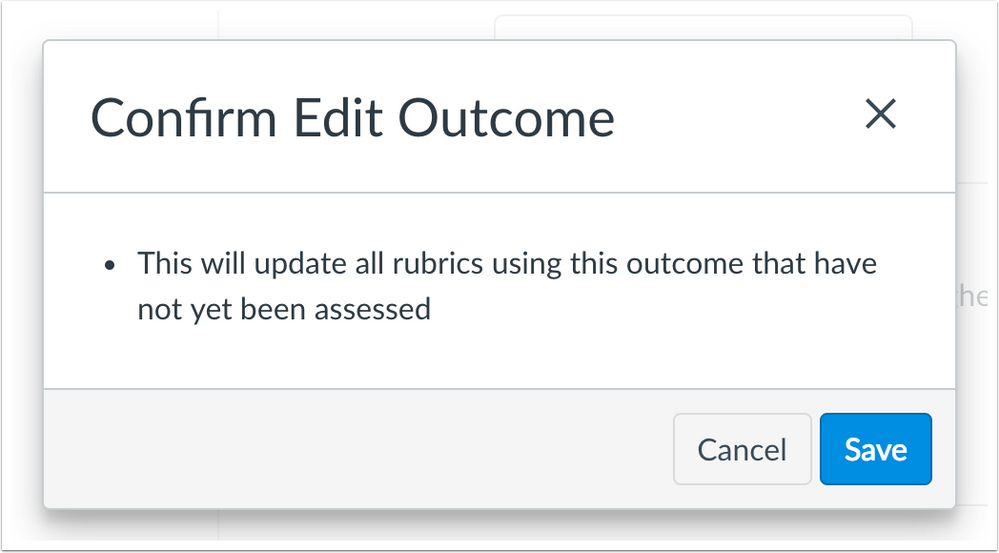 Some edited outcomes display a warning that all rubrics will be updated