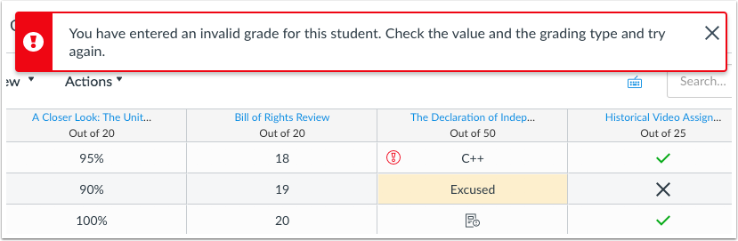 Invalid grades display an error message