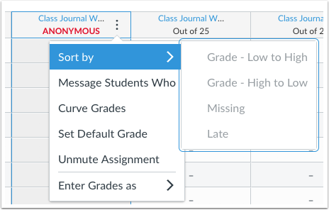 New Gradebook Anonymous Assignment Disabled Sort Column