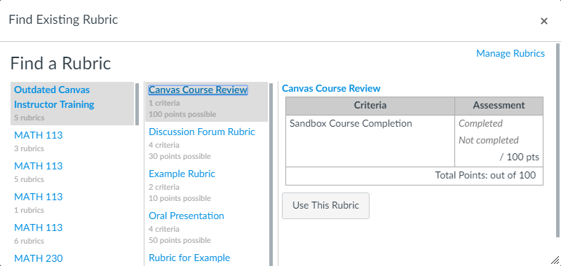 Find Existing Rubric