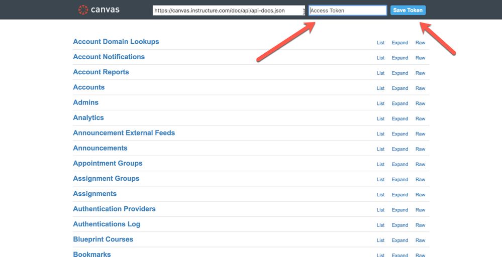 screenshot of the Canvas API with arrows to the access token
