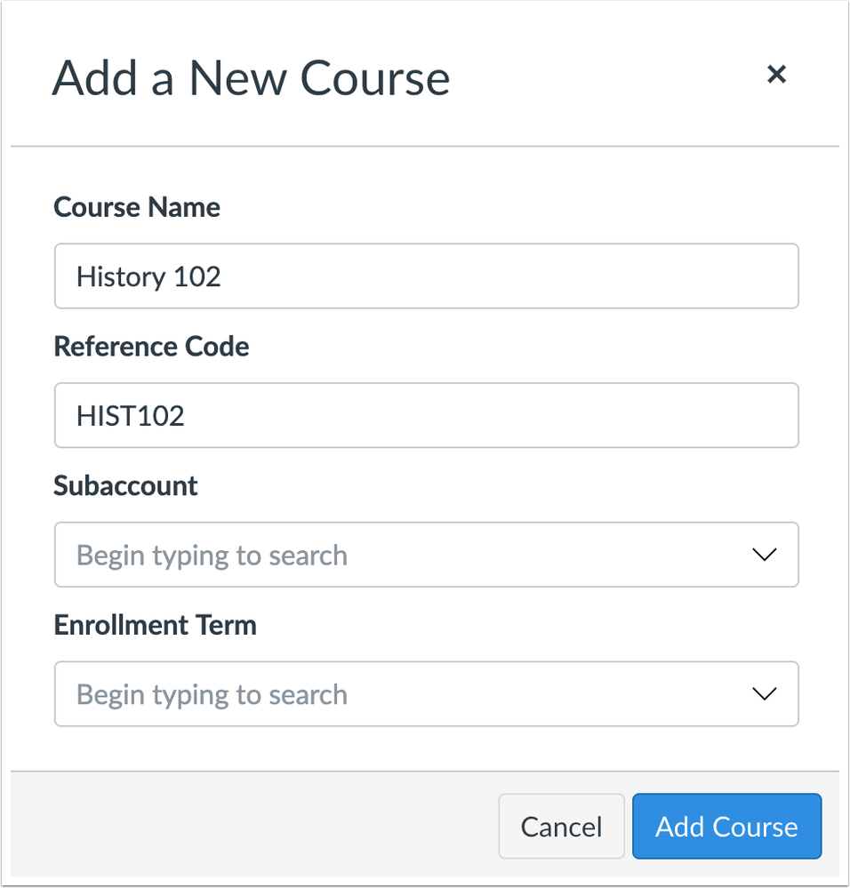 Account course creation window with search fields for subaccount and enrollment term menus Account course creation window with search fields for subaccount and enrollment term menus