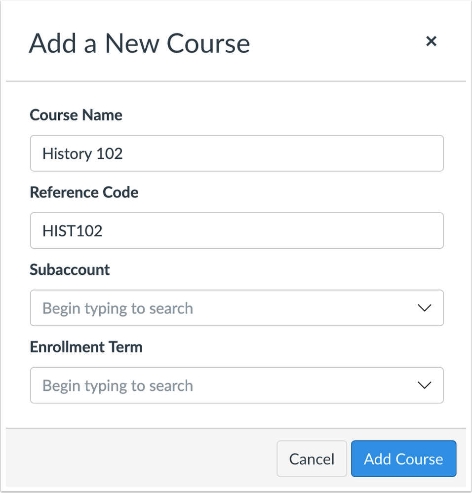 Account course creation window with search fields for subaccount and enrollment term menus