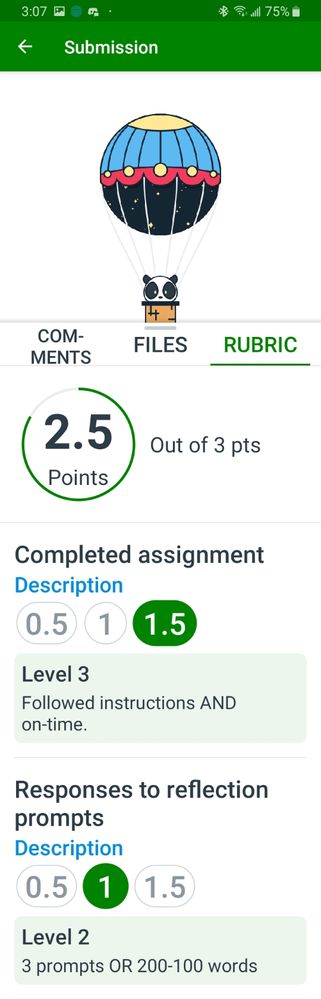 Canvas Student android view of rubric