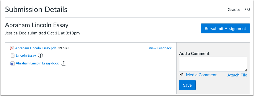 Upload status in the student submission details page Upload status in the student submission details page