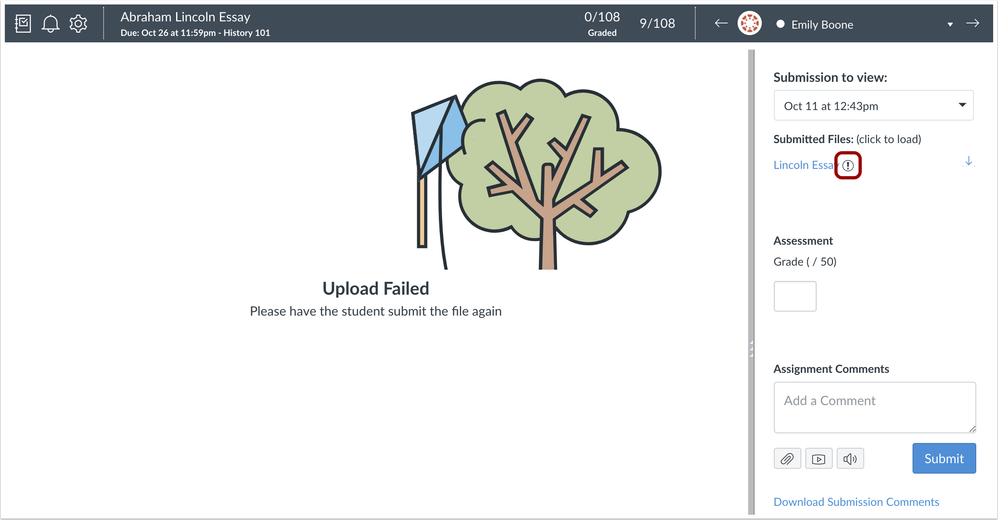 Example of an upload fail in SpeedGrader Example of an upload fail in SpeedGrader