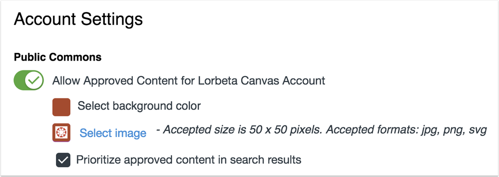 Commons Account Settings option for allowing approved content in an account