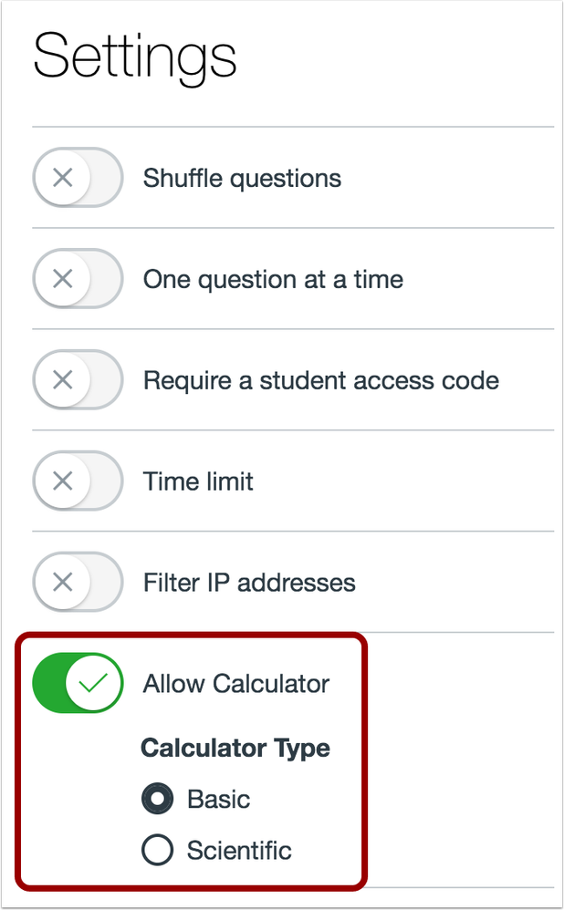 Settings Menu and Calculator Option