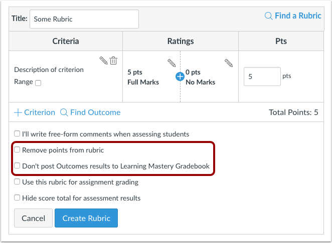 Assignment Rubrics options to remove points and not post results to learning mastery gradebook Assignment Rubrics options to remove points and not post results to learning mastery gradebook