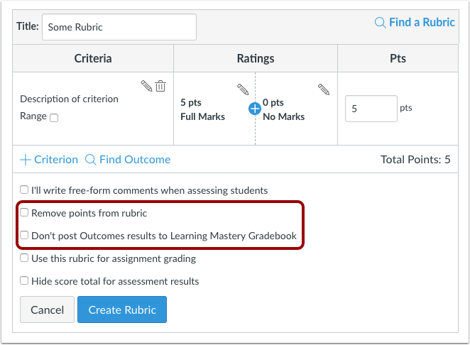 Assignment Rubrics options to remove points and not post results to learning mastery gradebook