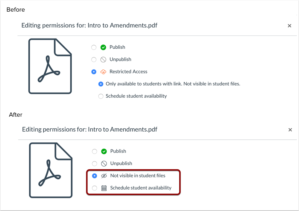 Before and After views of the Files Restricted Access interface Before and After views of the Files Restricted Access interface
