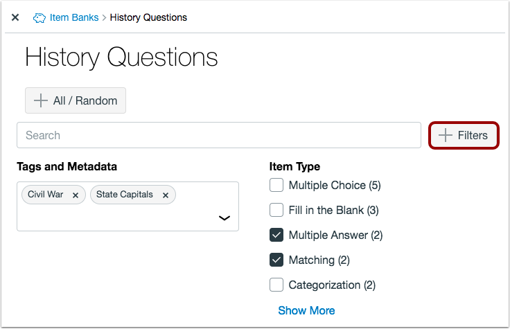 Item bank search by tags and metadata and item type Item bank search by tags and metadata and item type