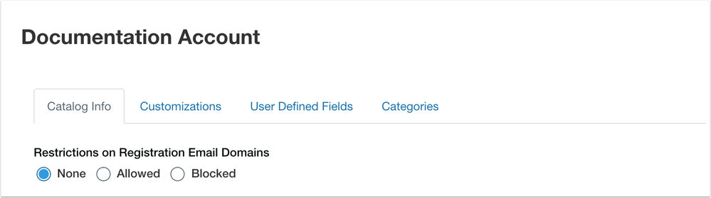 Catalog Info tab showing Restrictions on Registration Email Domains option