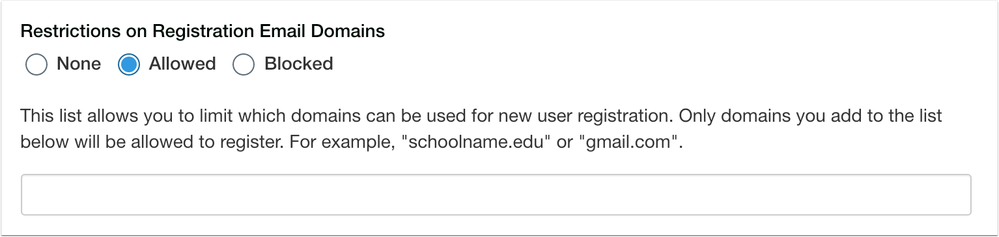 Catalog Restrictions on Registration Email Domains Allowed Option with Domain Field Catalog Restrictions on Registration Email Domains Allowed Option with Domain Field