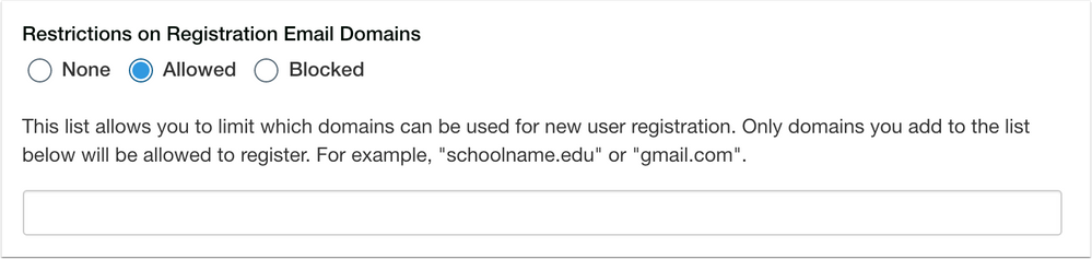 Catalog Restrictions on Registration Email Domains Allowed Option with Domain Field
