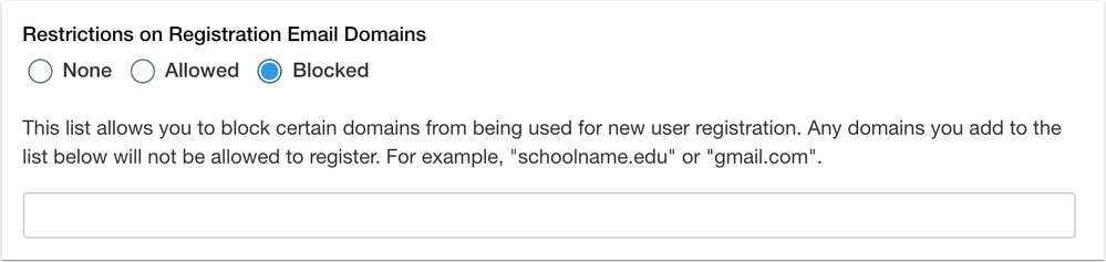 Catalog Restrictions on Registration Email Domains Blocked Option with Domain Field
