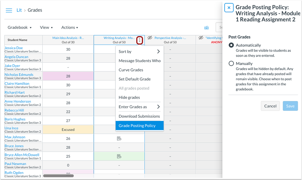 Grade Posting Policy link is in the assignment menu