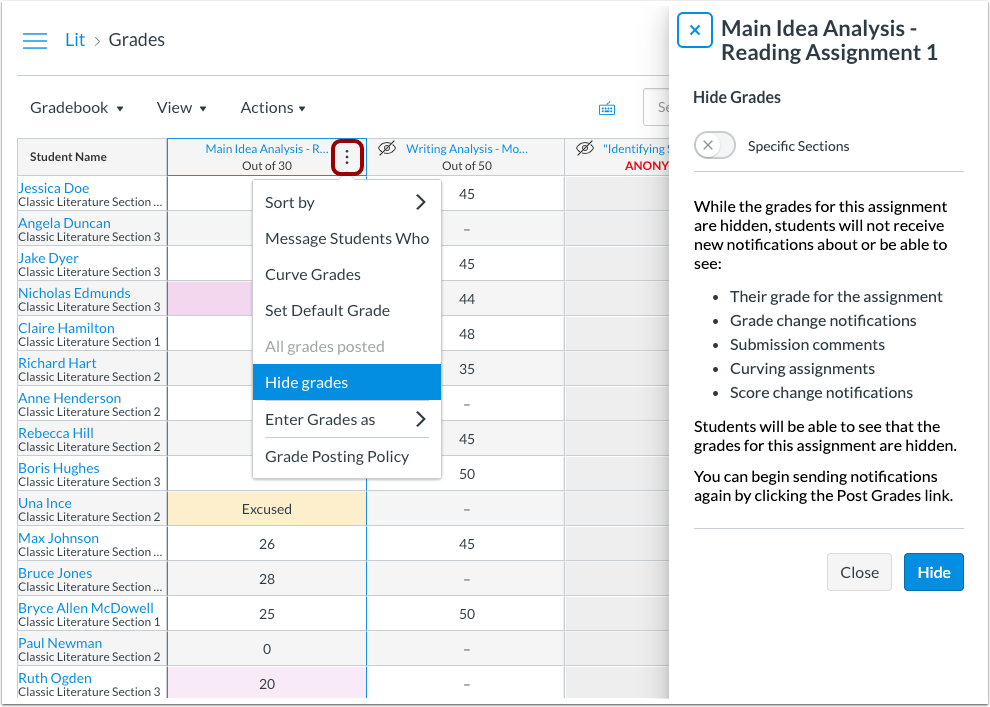 The Hide Grades link is in the assignment menu and includes a sidebar with information about how to hide grades