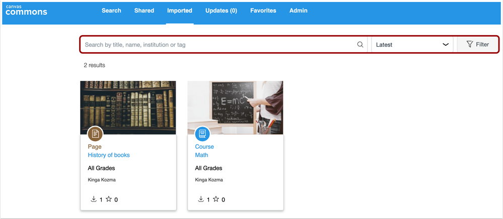 The imported content page includes a search field The imported content page includes a search field
