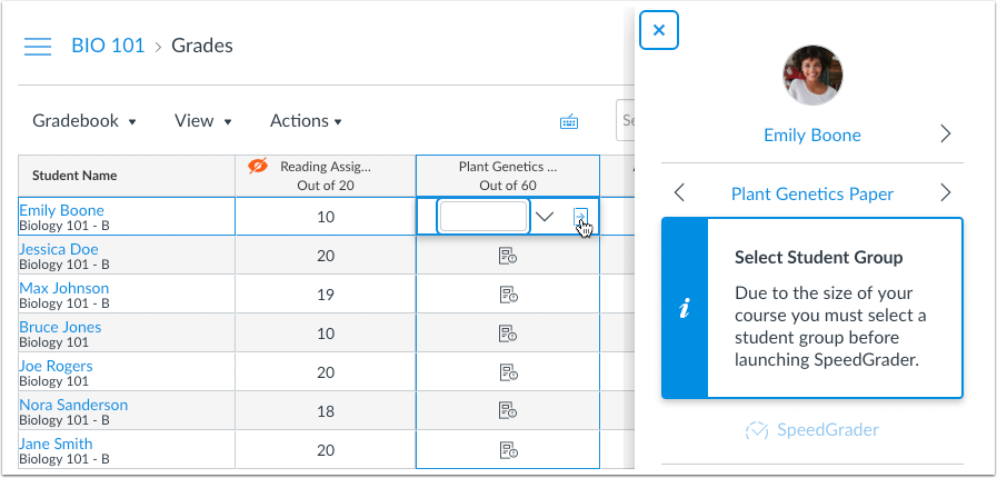 New Gradebook grade detail tray displays if selecting a group is required before viewing SpeedGrader