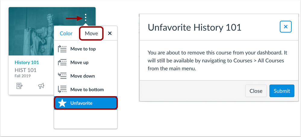 Dashboard functionality to unfavorite a course through the course card Move menu
