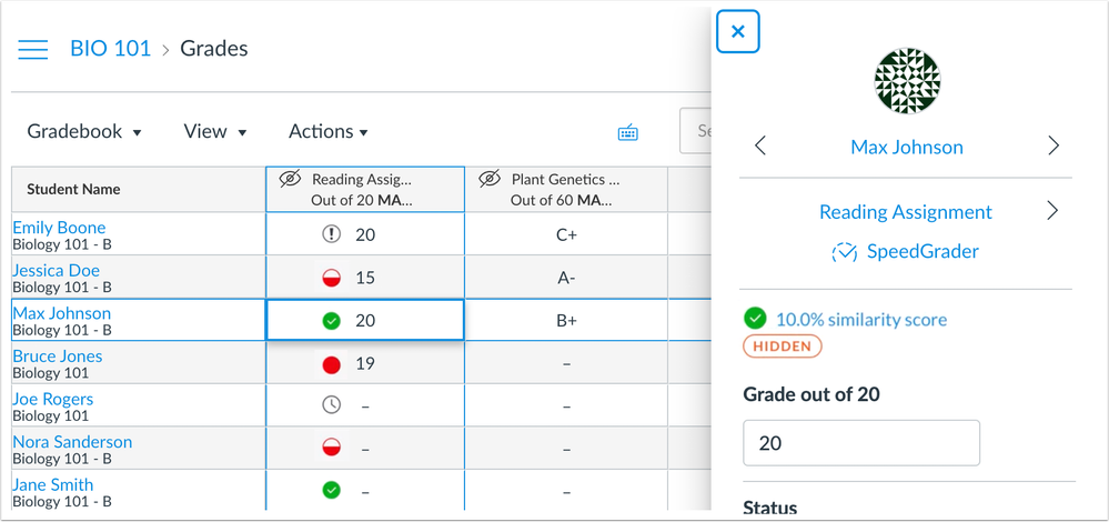 New Gradebook Grade Detail Tray shows plagiarism score New Gradebook Grade Detail Tray shows plagiarism score