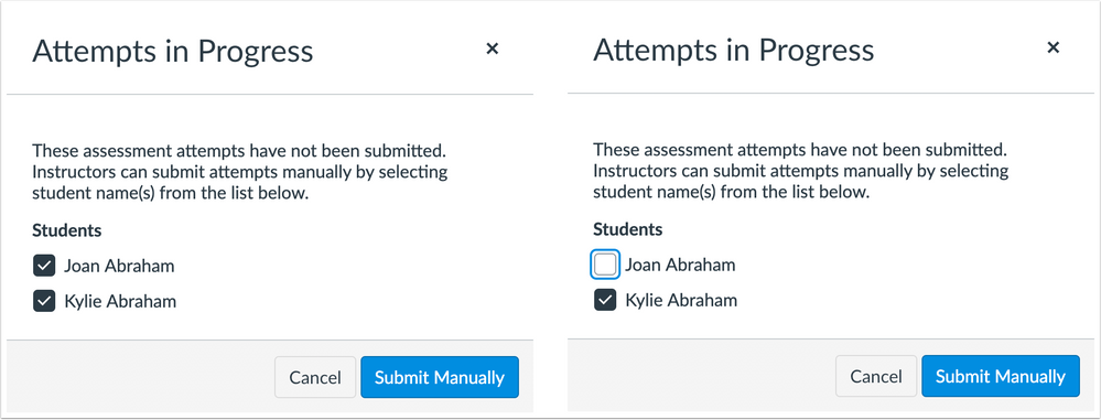Attempts in Progress window with options to remove student submissions from being manually submitted