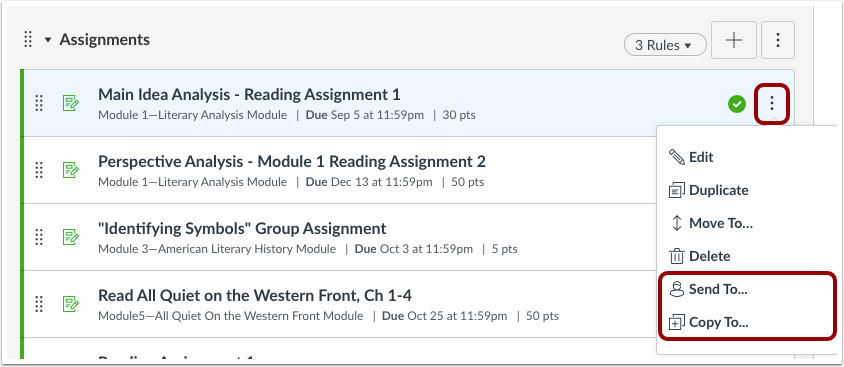 Copy to and Share to link options in Assignments page