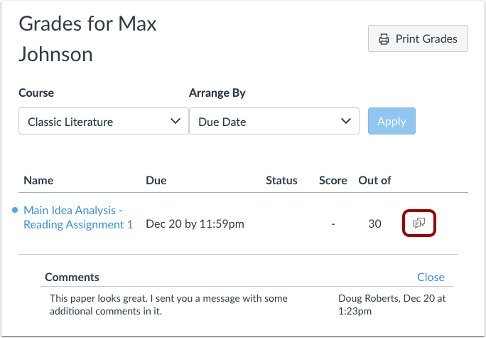 Student View of receiving comments with no grade Student View of receiving comments with no grade