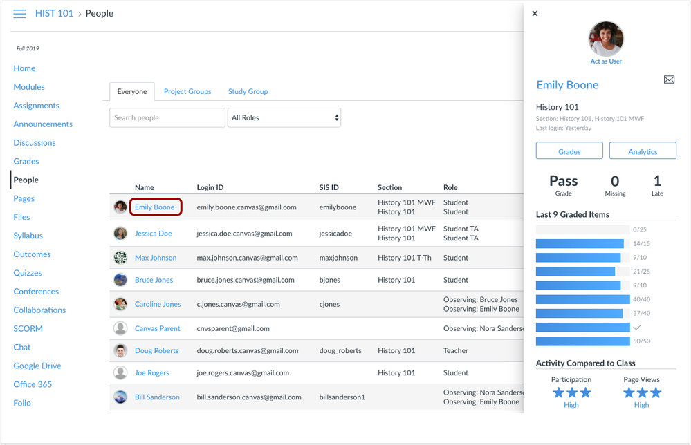 Student Context Card in the People page Student Context Card in the People page