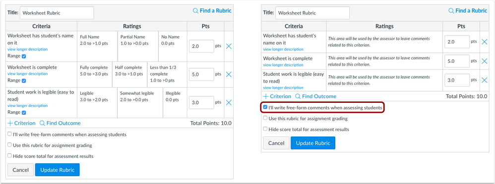 Rubric comparison in assignments with free-form comments 