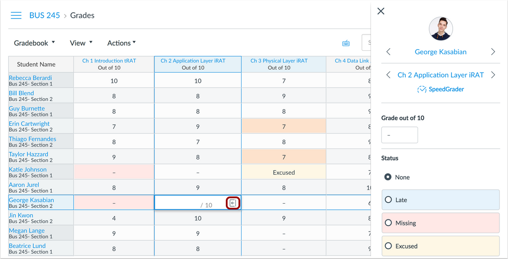 Clicking the cell of the Gradebook opens the grade detail tray