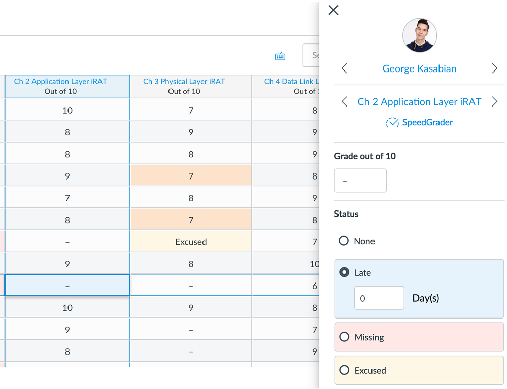 Grade detail tray allows instructors to manually change grades and status_ late, missing, excused