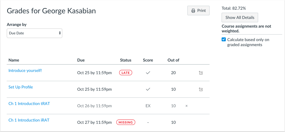 When New Gradebook is enabled, the student grades page displays the status column with missing and late labels