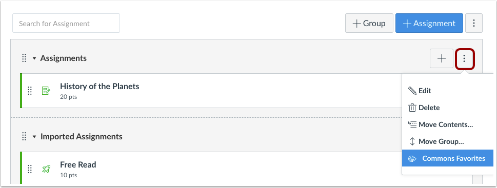 Commons Favorites option in Assignments page