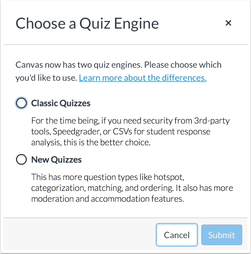 New Quizzes quiz button