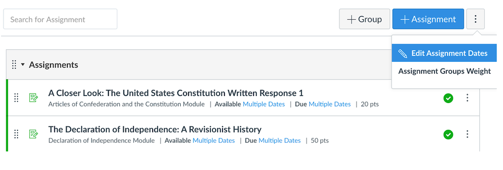 Edit Assignment Dates menu Edit Assignment Dates menu