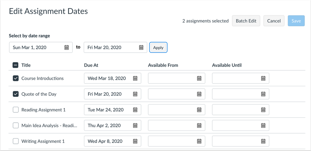 Bulk Assignment Select by Date Range