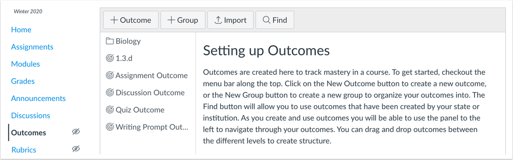Outcomes Page with No Rubrics Button Outcomes Page with No Rubrics Button