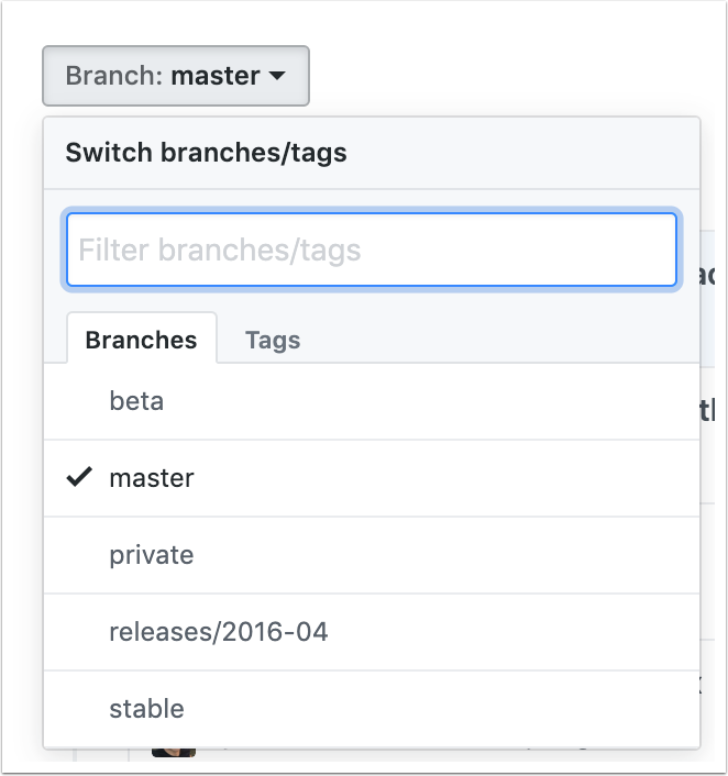 Branch menu with option to switch between branches and tags Branch menu with option to switch between branches and tags