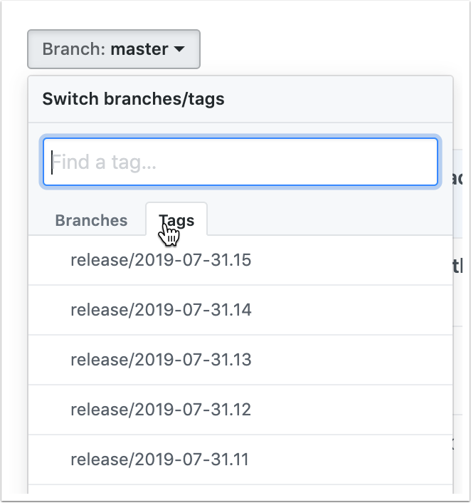 Branch menu with Tags tab in github