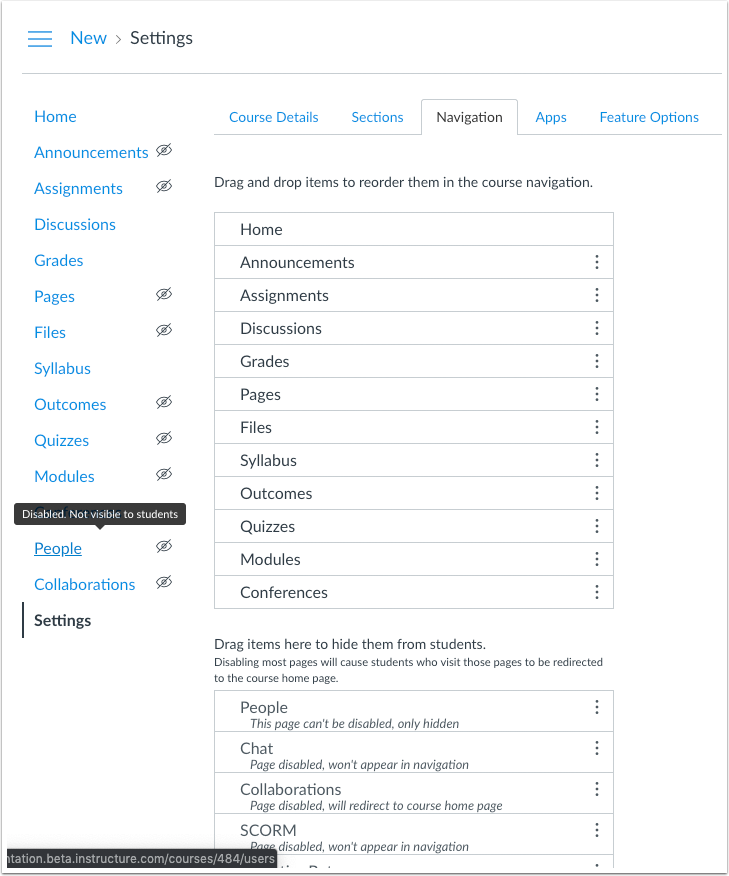 View of Course Navigation Menu and the Navigation tab with disabled links View of Course Navigation Menu and the Navigation tab with disabled links